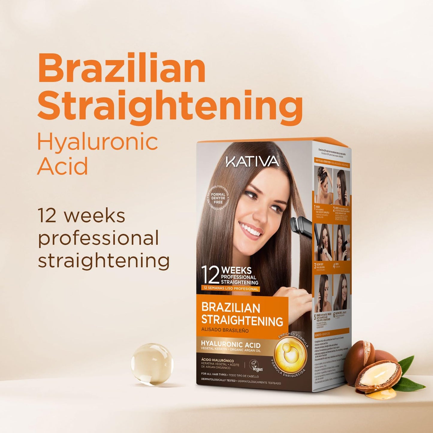 Kativa Brazilian Straightening Natural Kit, 12 Weeks of Professional Straightening, with Organic Argan Oil, Shea Butter, Vegetal Keratin, and Amino Acids, for All Hair Types, Dermatologist Tested