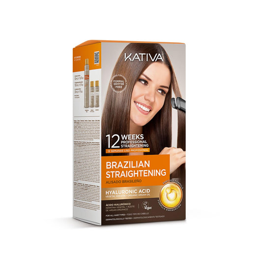 Kativa Brazilian Straightening Natural Kit, 12 Weeks of Professional Straightening, with Organic Argan Oil, Shea Butter, Vegetal Keratin, and Amino Acids, for All Hair Types, Dermatologist Tested